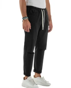 Jeans Jogger Cotone Loose Fit Basic Taglio Ginocchio Nero JS1129A