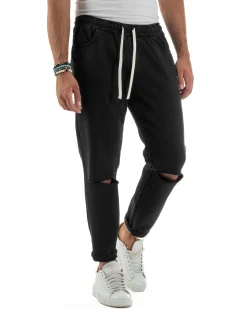 Jeans Jogger Cotone Loose Fit Basic Taglio Ginocchio Nero JS1129A