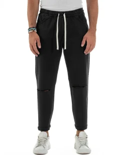 Jeans Jogger Cotone Loose Fit Basic Taglio Ginocchio Nero JS1129A