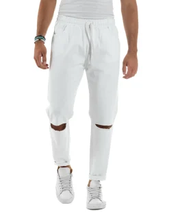 Jeans Jogger Cotone Loose Fit Basic Taglio Ginocchio Bianco JS1131A