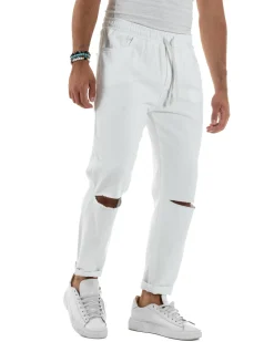 Jeans Jogger Cotone Loose Fit Basic Taglio Ginocchio Bianco JS1131A