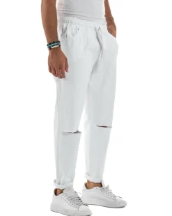 Jeans Jogger Cotone Loose Fit Basic Taglio Ginocchio Bianco JS1131A
