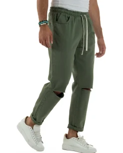 Jeans Jogger Cotone Loose Fit Basic Taglio Ginocchio Verde JS1130A