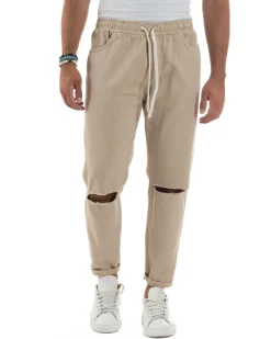Jeans Jogger Cotone Loose Fit Basic Taglio Ginocchio Beige JS1128A