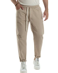 Jeans Jogger Cotone Loose Fit Rotture Beige JS1103A