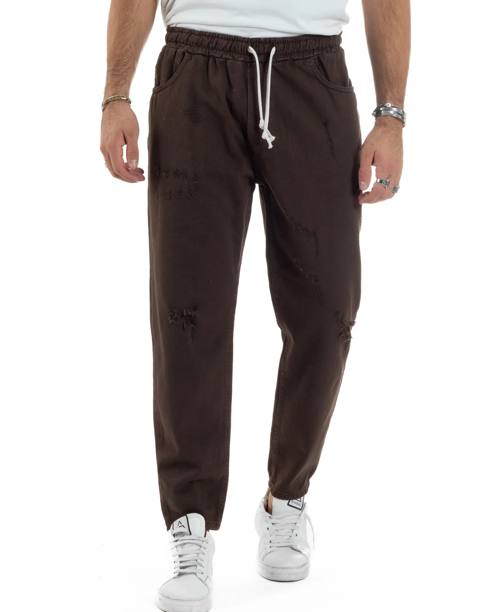Jeans Jogger Cotone Loose Fit Rotture Marrone P6391A
