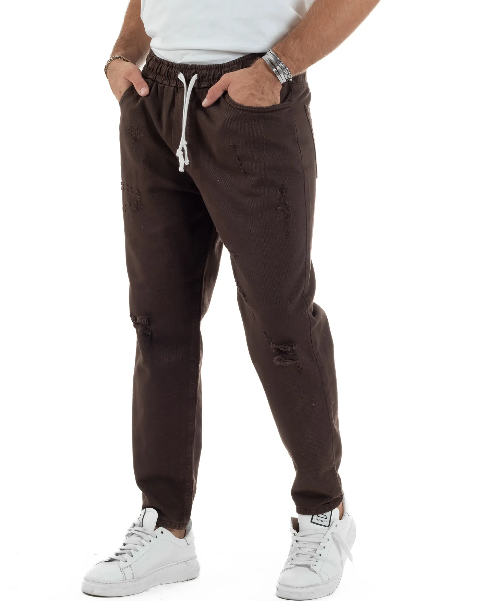 Jeans Jogger Cotone Loose Fit Rotture Marrone P6391A