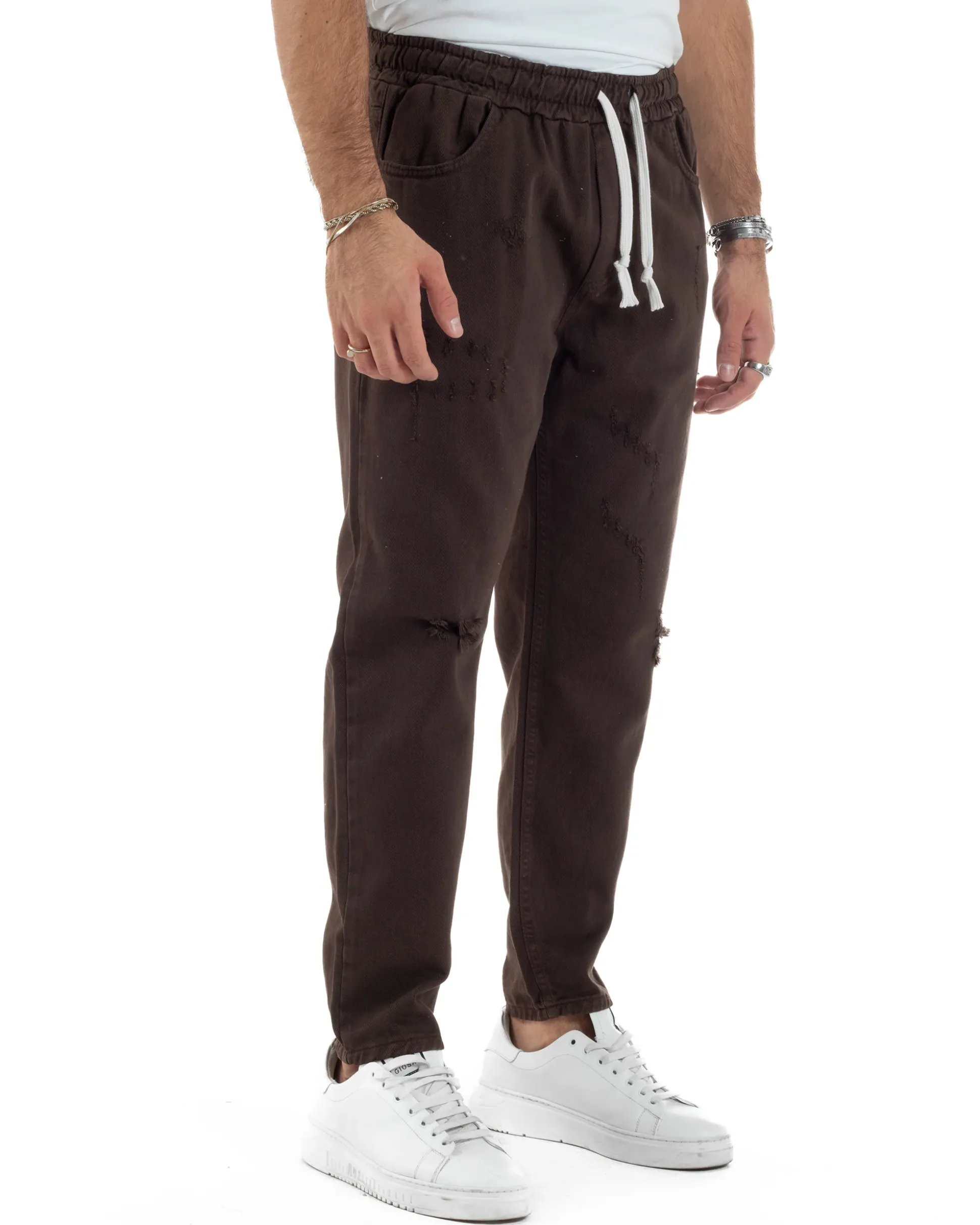 Jeans Jogger Cotone Loose Fit Rotture Marrone P6391A