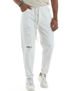 Jeans Jogger Cotone Loose Fit Rotture Bianco JS1106A