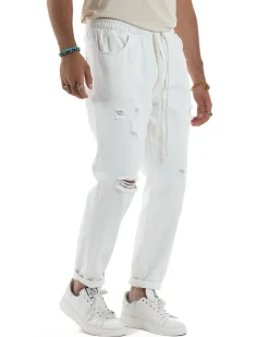 Jeans Jogger Cotone Loose Fit Rotture Bianco JS1106A