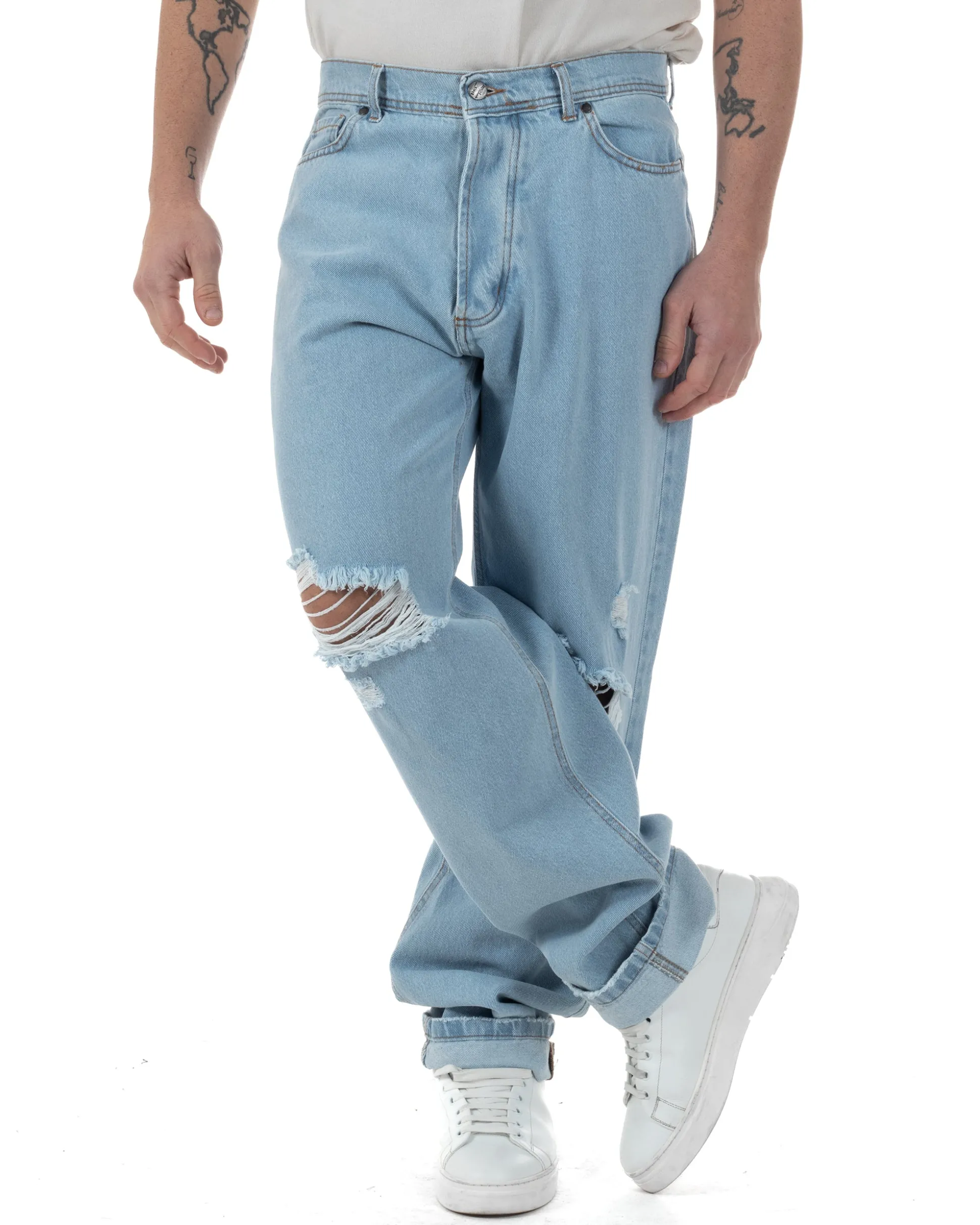 Jeans Uomo Baggy Pantaloni Con Rotture Abrasioni Fondo Largo Taglio Al Ginocchio Denim Chiaro GIOSAL-JS1093A