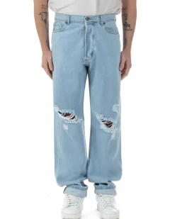 Jeans Uomo Baggy Pantaloni Con Rotture Abrasioni Fondo Largo Taglio Al Ginocchio Denim Chiaro GIOSAL-JS1093A