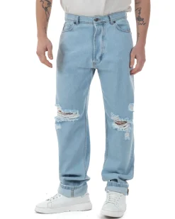 Jeans Uomo Baggy Pantaloni Con Rotture Abrasioni Fondo Largo Taglio Al Ginocchio Denim Chiaro GIOSAL-JS1093A