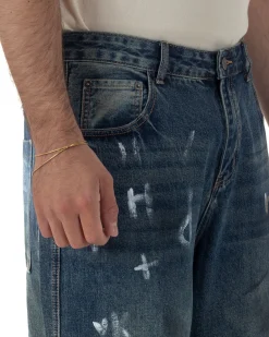 Jeans uomo baggy street scritte vernice denim sabbiato GIOSAL-JS1180A