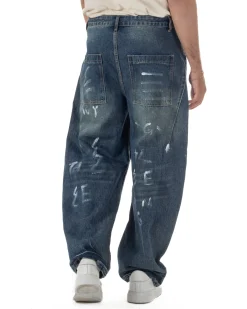Jeans uomo baggy street scritte vernice denim sabbiato GIOSAL-JS1180A