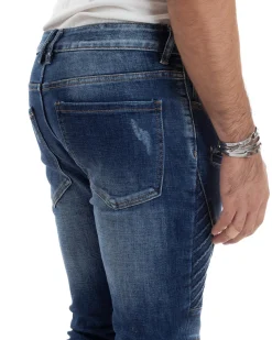 Jeans Uomo Biker Pantaloni Con Zip Stone Washed Classico Cinque Tasche Casual Blue Denim GIOSAL-JS1056A