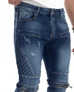 Jeans Uomo Biker Pantaloni Con Zip Stone Washed Classico Cinque Tasche Casual Blue Denim GIOSAL-JS1056A