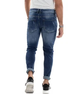Jeans Uomo Biker Pantaloni Con Zip Stone Washed Classico Cinque Tasche Casual Blue Denim GIOSAL-JS1056A