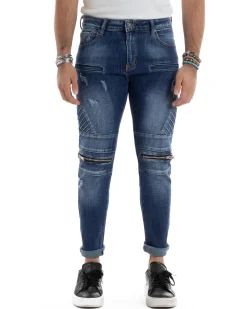 Jeans Uomo Biker Pantaloni Con Zip Stone Washed Classico Cinque Tasche Casual Blue Denim GIOSAL-JS1056A