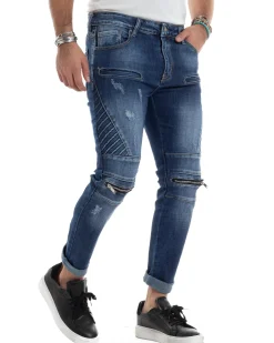 Jeans Uomo Biker Pantaloni Con Zip Stone Washed Classico Cinque Tasche Casual Blue Denim GIOSAL-JS1056A