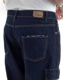 Jeans uomo cargo loose fit pantaloni tasconi sfrangiato lavaggio zero denim scuro BlackSunday JS1192A