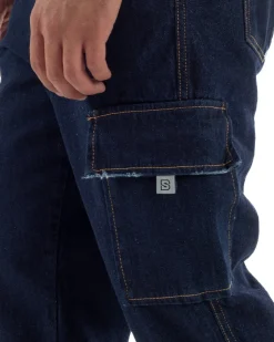 Jeans uomo cargo loose fit pantaloni tasconi sfrangiato lavaggio zero denim scuro BlackSunday JS1192A