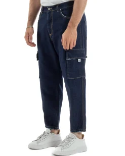 Jeans uomo cargo loose fit pantaloni tasconi sfrangiato lavaggio zero denim scuro BlackSunday JS1192A