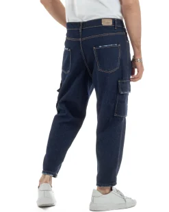 Jeans uomo cargo loose fit pantaloni tasconi sfrangiato lavaggio zero denim scuro BlackSunday JS1192A