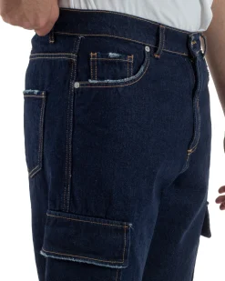 Jeans uomo cargo loose fit pantaloni tasconi sfrangiato lavaggio zero denim scuro BlackSunday JS1192A