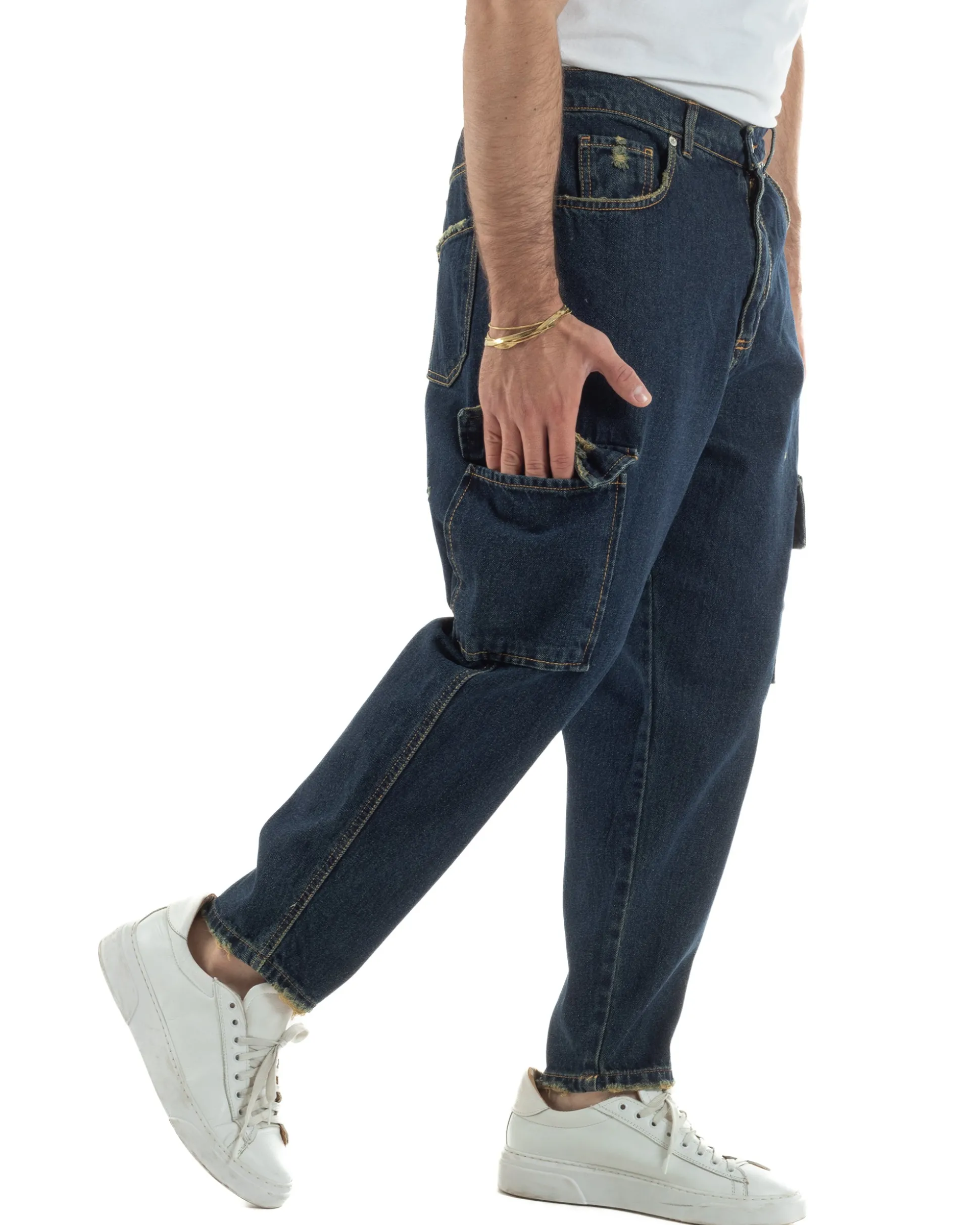 Jeans uomo cargo loose fit pantaloni tasconi rotture denim scuro sabbiato BlackSunday JS1191A