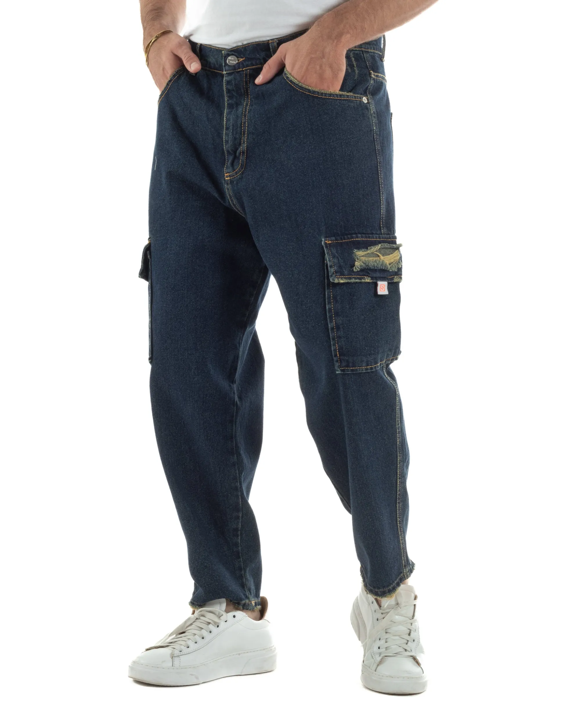 Jeans uomo cargo loose fit pantaloni tasconi rotture denim scuro sabbiato BlackSunday JS1191A