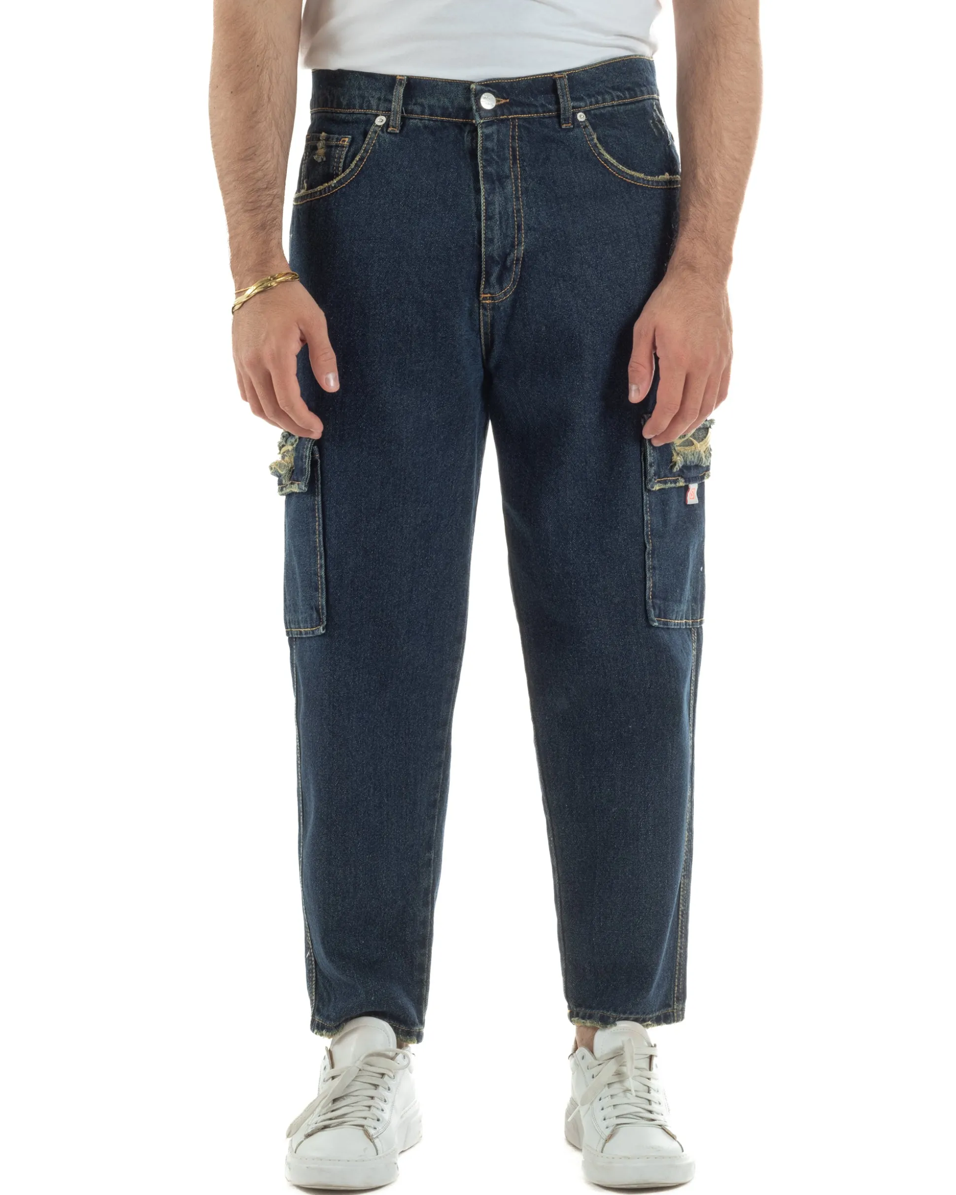 Jeans uomo cargo loose fit pantaloni tasconi rotture denim scuro sabbiato BlackSunday JS1191A
