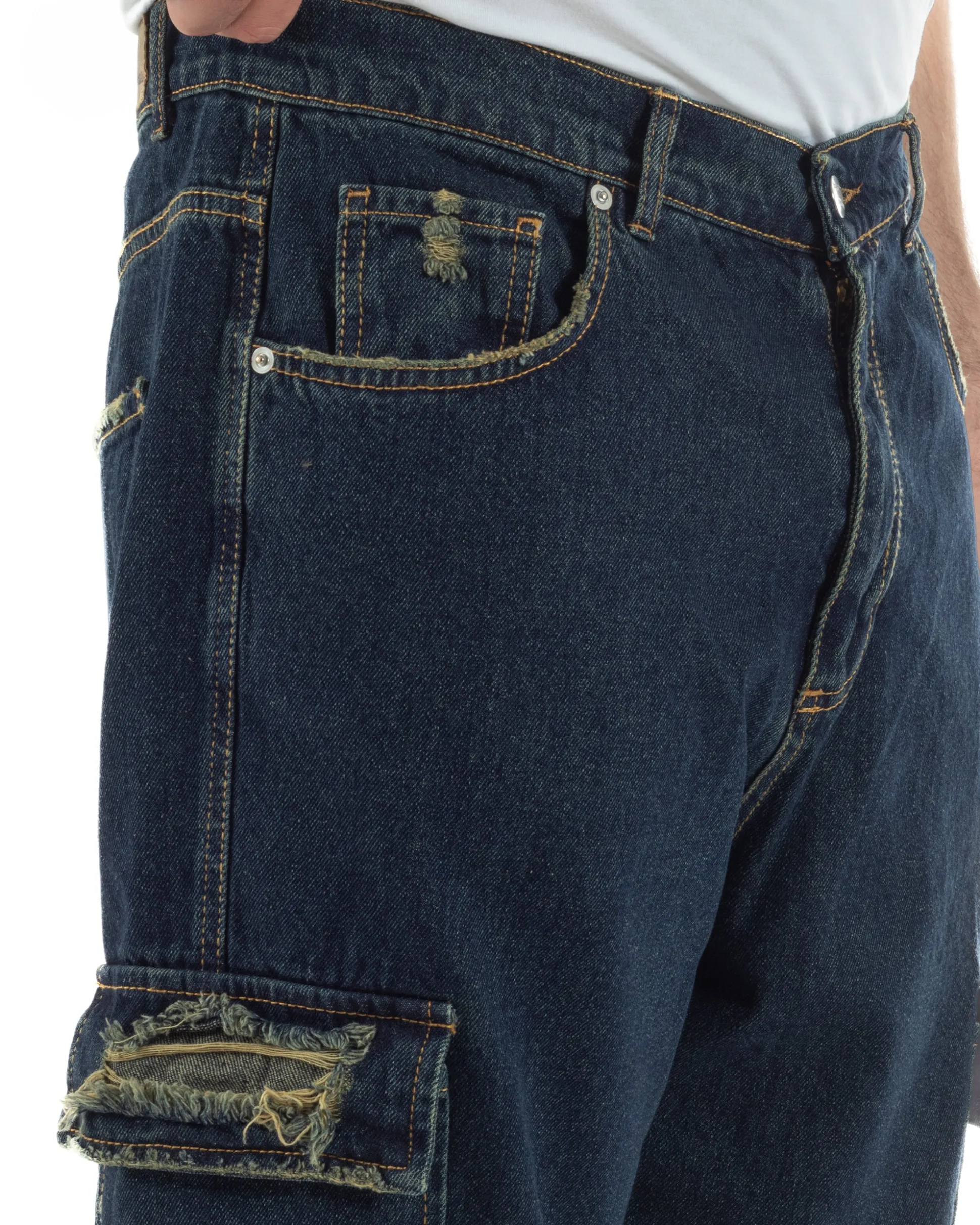 Jeans uomo cargo loose fit pantaloni tasconi rotture denim scuro sabbiato BlackSunday JS1191A