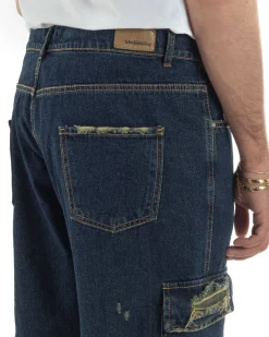 Jeans uomo cargo loose fit pantaloni tasconi rotture denim scuro sabbiato BlackSunday JS1191A
