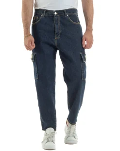Jeans uomo cargo loose fit pantaloni tasconi rotture denim scuro sabbiato BlackSunday JS1191A