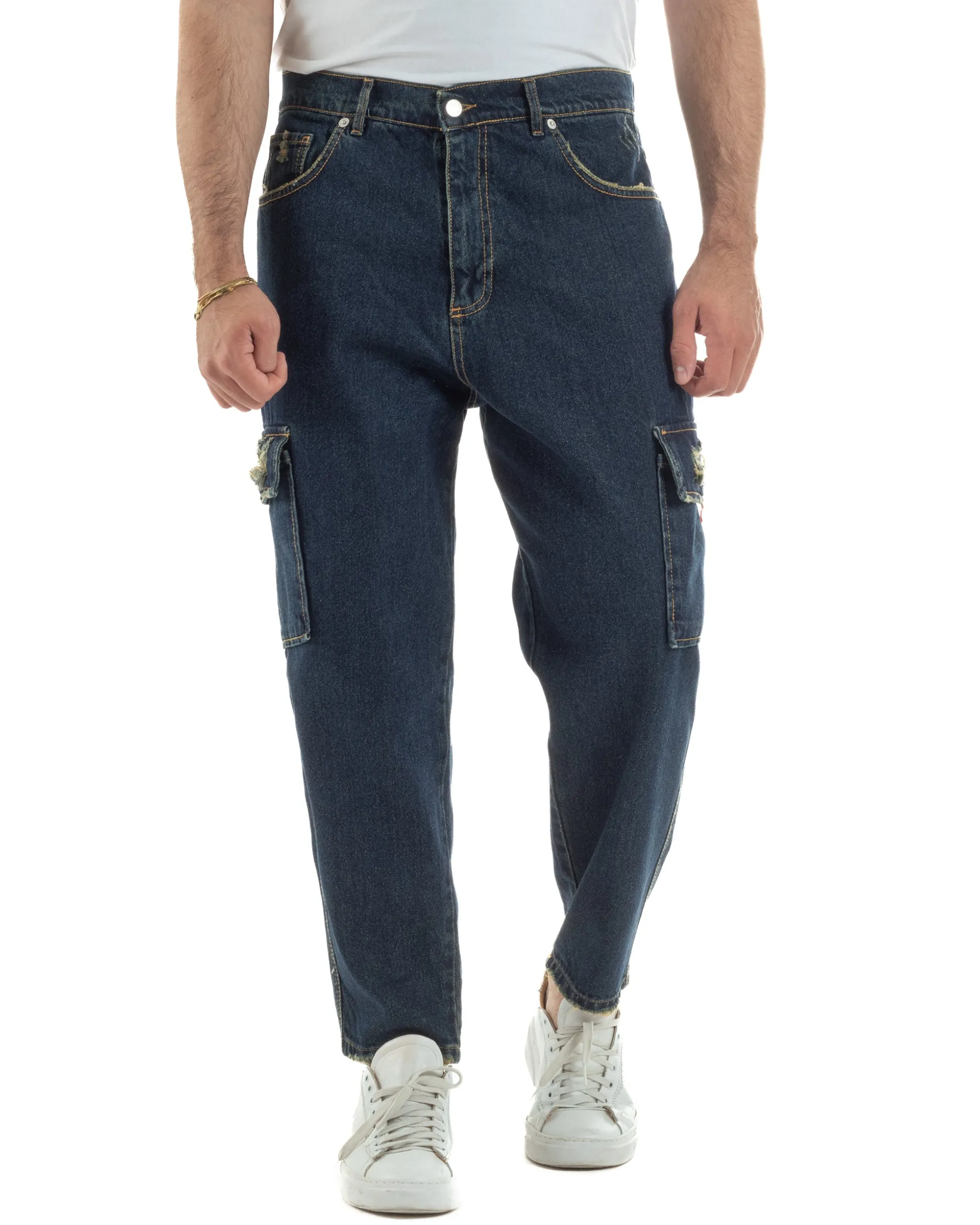 Jeans uomo cargo loose fit pantaloni tasconi rotture denim scuro sabbiato BlackSunday JS1191A