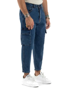 Jeans Uomo Cargo Loose Fit Pantaloni Tasconi Denim Medio BlackSunday-JS1048A