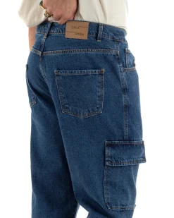Jeans Uomo Cargo Loose Fit Pantaloni Tasconi Denim Medio BlackSunday-JS1048A