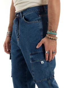 Jeans Uomo Cargo Loose Fit Pantaloni Tasconi Denim Medio BlackSunday-JS1048A