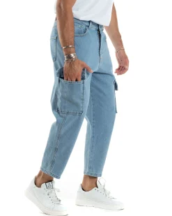 Jeans Uomo Cargo Straight Fit Pantaloni Tasconi Denim Chiaro BlackSunday-JS1041A