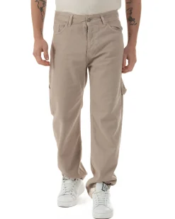 Jeans Uomo Carpenter Worker Pantaloni Baggy Cargo Comodo Fondo Largo Ampio Tinta Unita Beige GIOSAL-JS1088A