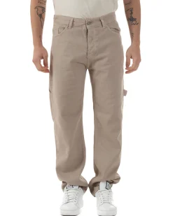 Jeans Uomo Carpenter Worker Pantaloni Baggy Cargo Comodo Fondo Largo Ampio Tinta Unita Beige GIOSAL-JS1088A