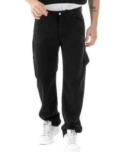 Jeans Uomo Carpenter Worker Pantaloni Baggy Cargo Comodo Fondo Largo Ampio Tinta Unita Nero GIOSAL-JS1089A