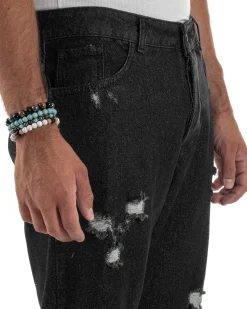 Jeans Uomo Cinque Tasche Regular Fit Rotture Basic Nero JS1125A