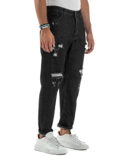 Jeans Uomo Cinque Tasche Regular Fit Rotture Basic Nero JS1125A