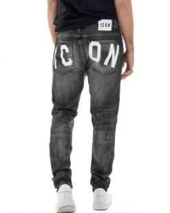 Jeans uomo cinque tasche slim fit sfumato rotture denim nero ICON IUD025