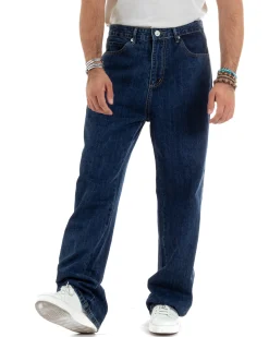 Jeans Uomo Classico Cinque Tasche Pantaloni Baggy Comodi Casual Cotone Tinta Unita Blue Denim GIOSAL-JS1055A
