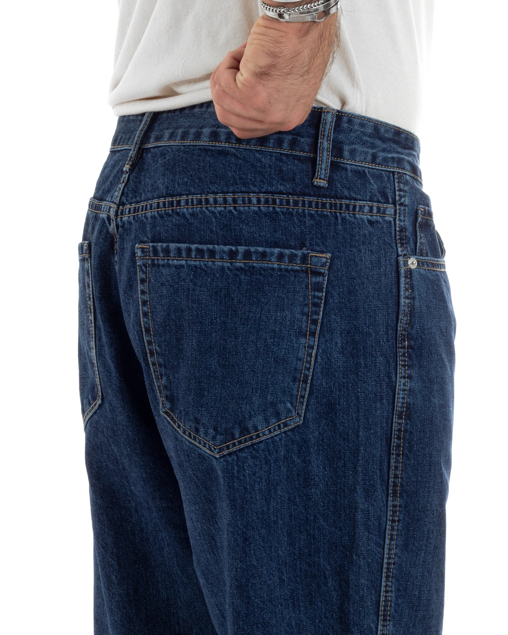 Jeans Uomo Classico Cinque Tasche Pantaloni Baggy Comodi Casual Cotone Tinta Unita Blue Denim GIOSAL-JS1055A