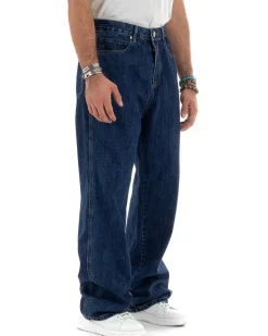 Jeans Uomo Classico Cinque Tasche Pantaloni Baggy Comodi Casual Cotone Tinta Unita Blue Denim GIOSAL-JS1055A
