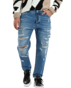 Jeans Uomo Con Rotture Stone Washed Pantaloni Cinque Tasche Cotone Casual Lavaggio Medio Denim GIOSAL-JS1058A